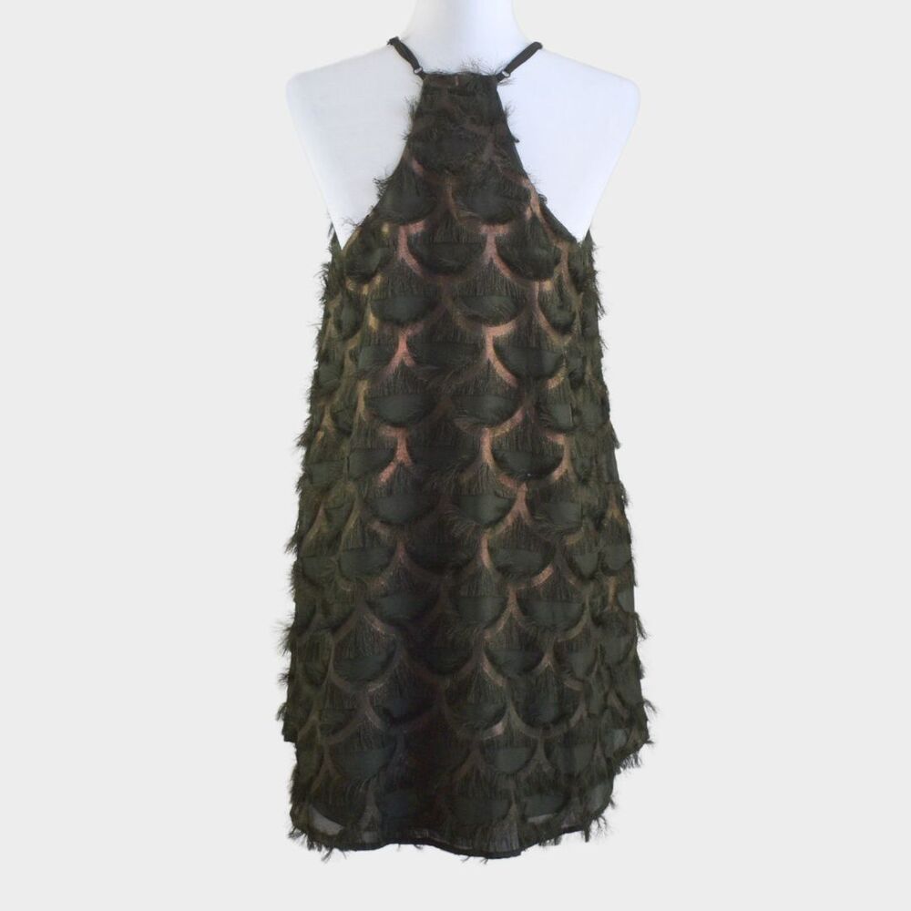 TCEC Feather Tassel Halter Dress Green \ Rose Gold Metallic Size M - Picture 3 of 7